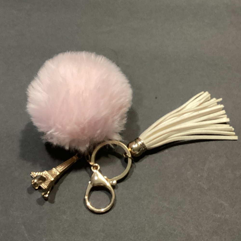 Pink Faux Fur Pom Pom Keychain with Ivory Tassel and Gold Eiffel Charm